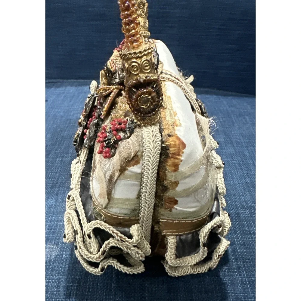 Mary Frances Beaded Handbag Purse, Jewels, Feathers, Floral Brown Hard Case